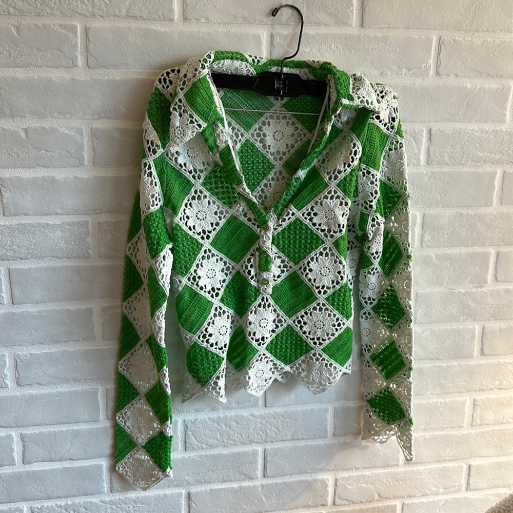 Zara green and white crocheted top